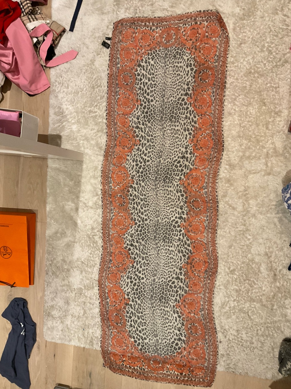Versace Orange and Black Leopard Border Scarf